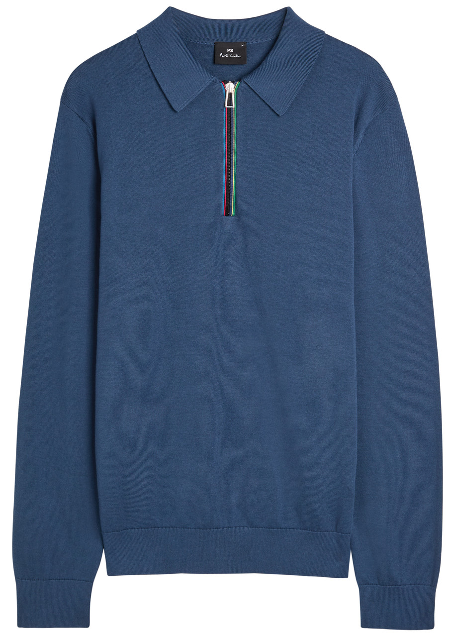 PS Paul Smith Stripe-trimmed Fine-knit Polo Jumper - Blue - M