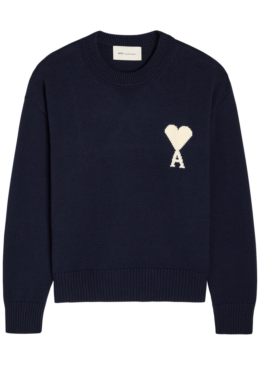 Ami Paris Logo-intarsia Wool and Cotton-blend Jumper – Navy – L Ami Paris Logo-intarsia Wool and Cotton-blend Jumper – Navy – L