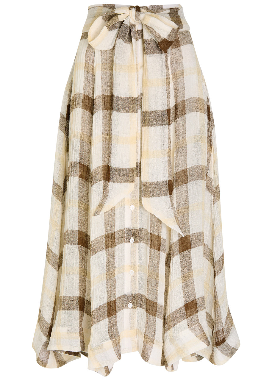 Lisa Marie Fernandez Checked Belted Linen-blend Midi Skirt - Multicoloured - M (UK12 / M)