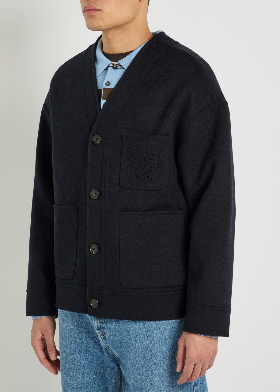  Loewe Embossed-anagram Wool And Cashmere-blend Cardigan - Navy - 46 (it46 / S) 
