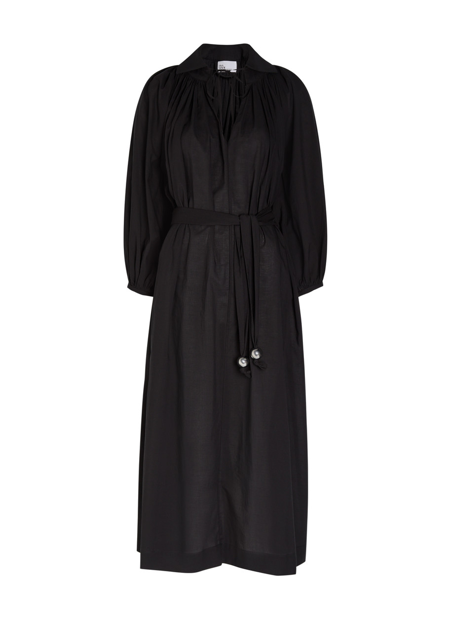 Lisa Marie Fernandez Pleated Belted Cotton Midi Shirt Dress - Black - M (UK12 / M)