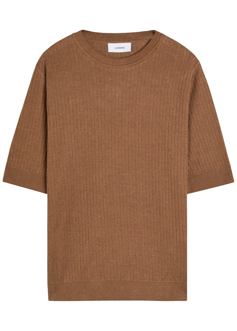 Lardini Ribbed Fine-knit Flax and Cotton-blend T-shirt - Brown - L