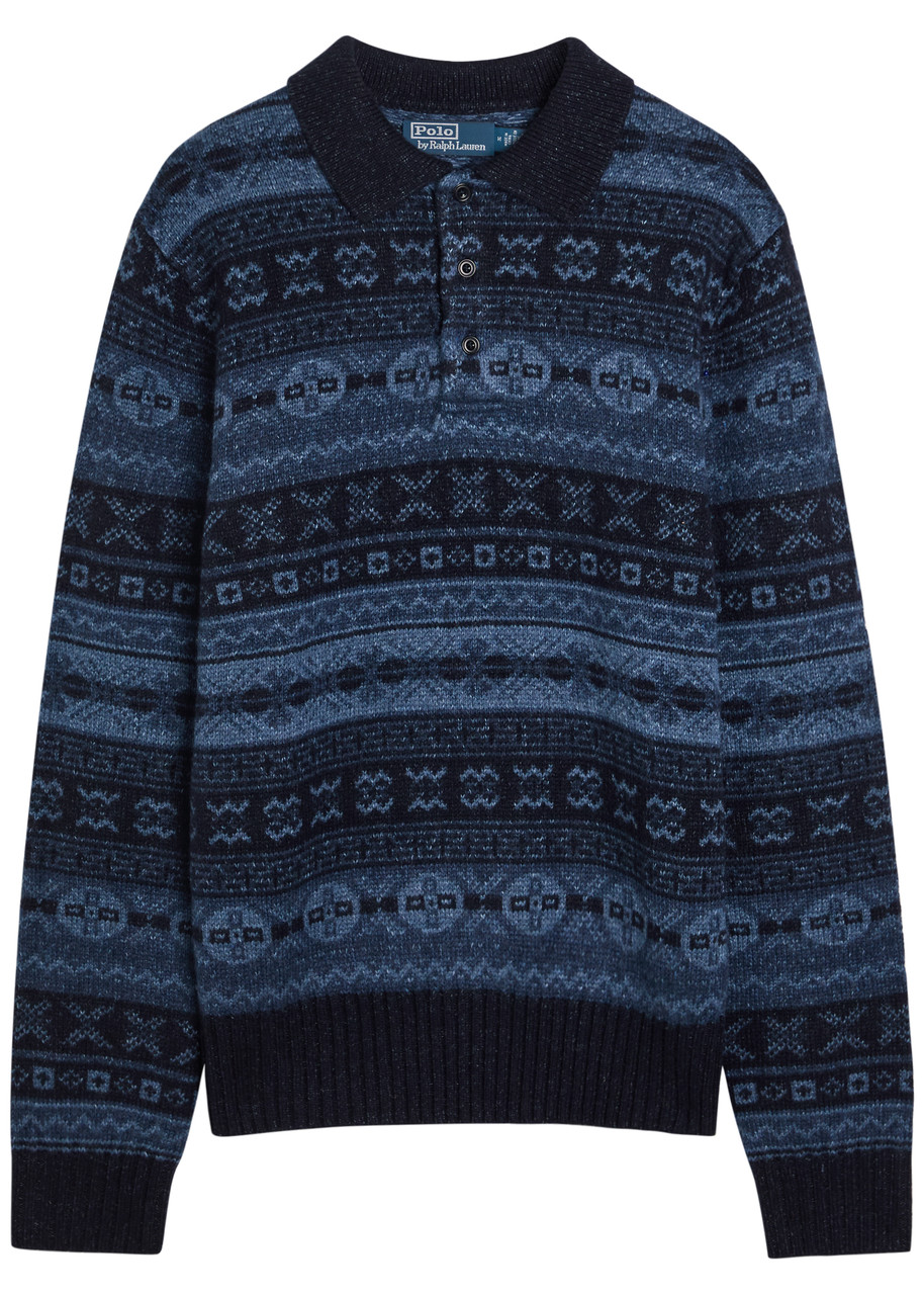 Polo Ralph Lauren Patterned-intarsia Wool-blend Polo Shirt - Blue - XL