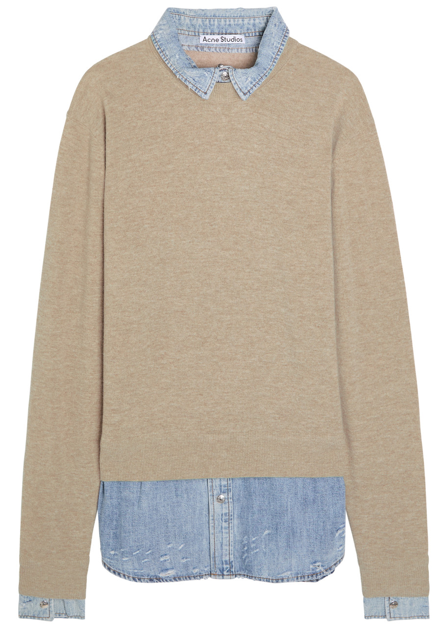 Acne Studios Layered Denim Shirt Wool Jumper In Sand