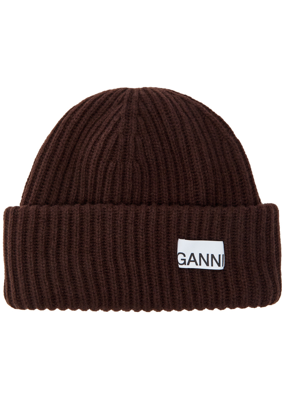Ganni Logo-appliquéd Ribbed Wool-blend Beanie - Brown - One Size