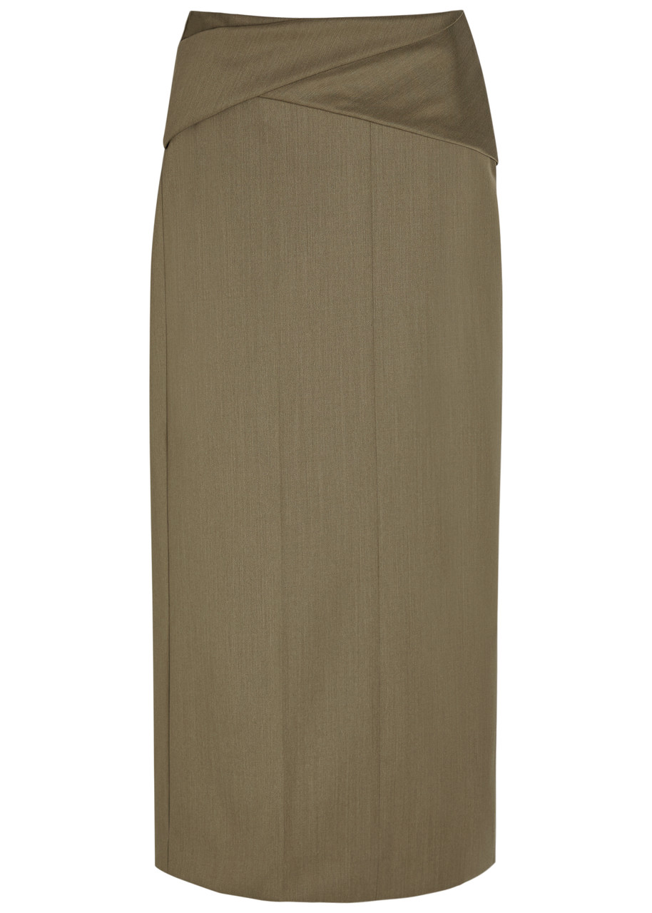 Victoria Beckham Wrap-detail Wool-blend Midi Skirt - Sage - 14 (UK14 / L)