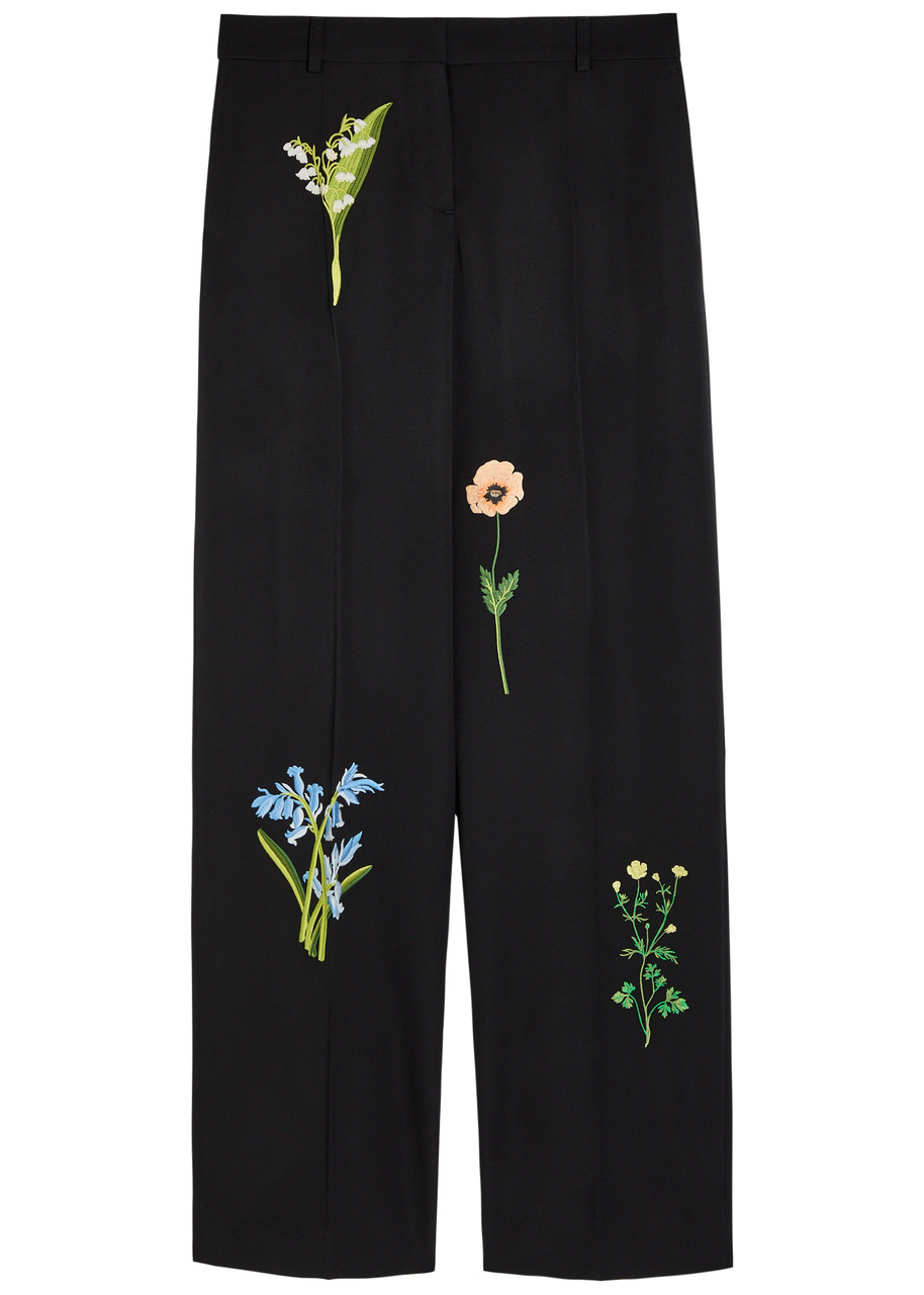 Stella Mccartney Floral-embroidered Straight-leg Trousers In Black