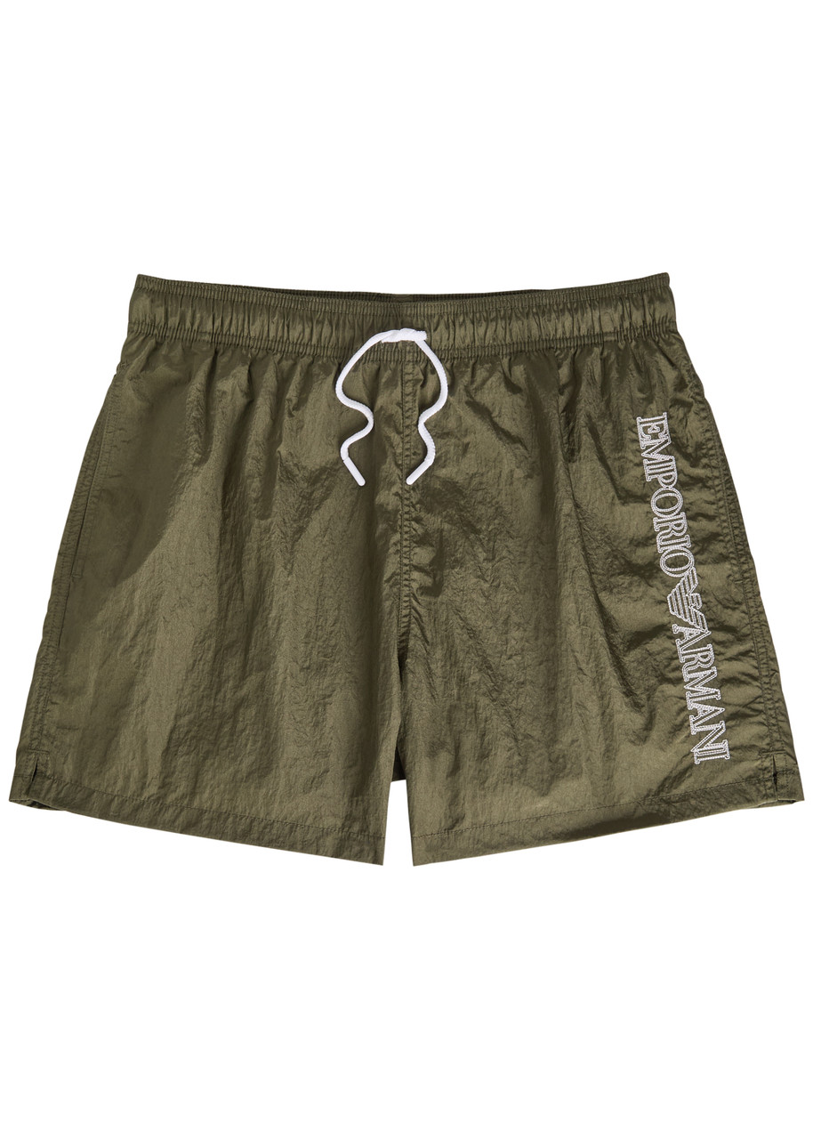 Emporio Armani Logo-embroidered Crinkled Nylon Swim Shorts - Olive - S
