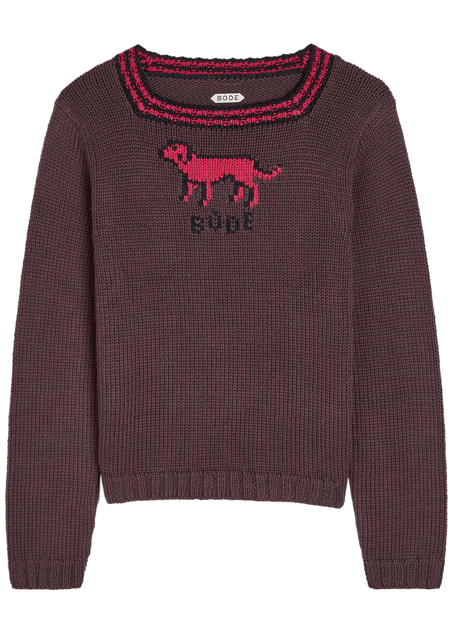 Bode Lapdog Intarsia Cotton and Wool-blend top - Brown - L (UK14 / L)