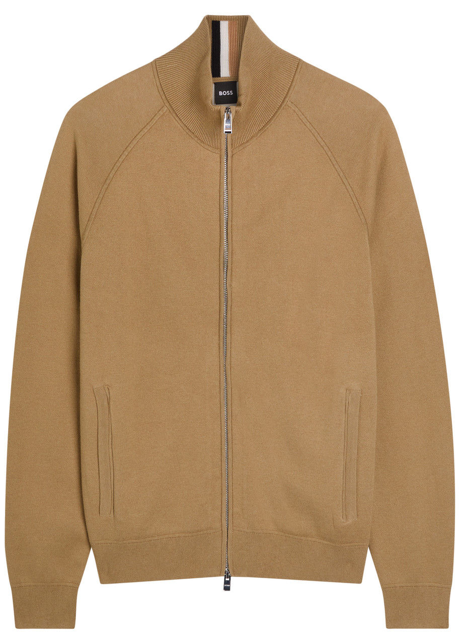 Boss Fine-knit Cotton and Wool-blend Cardigan - Khaki