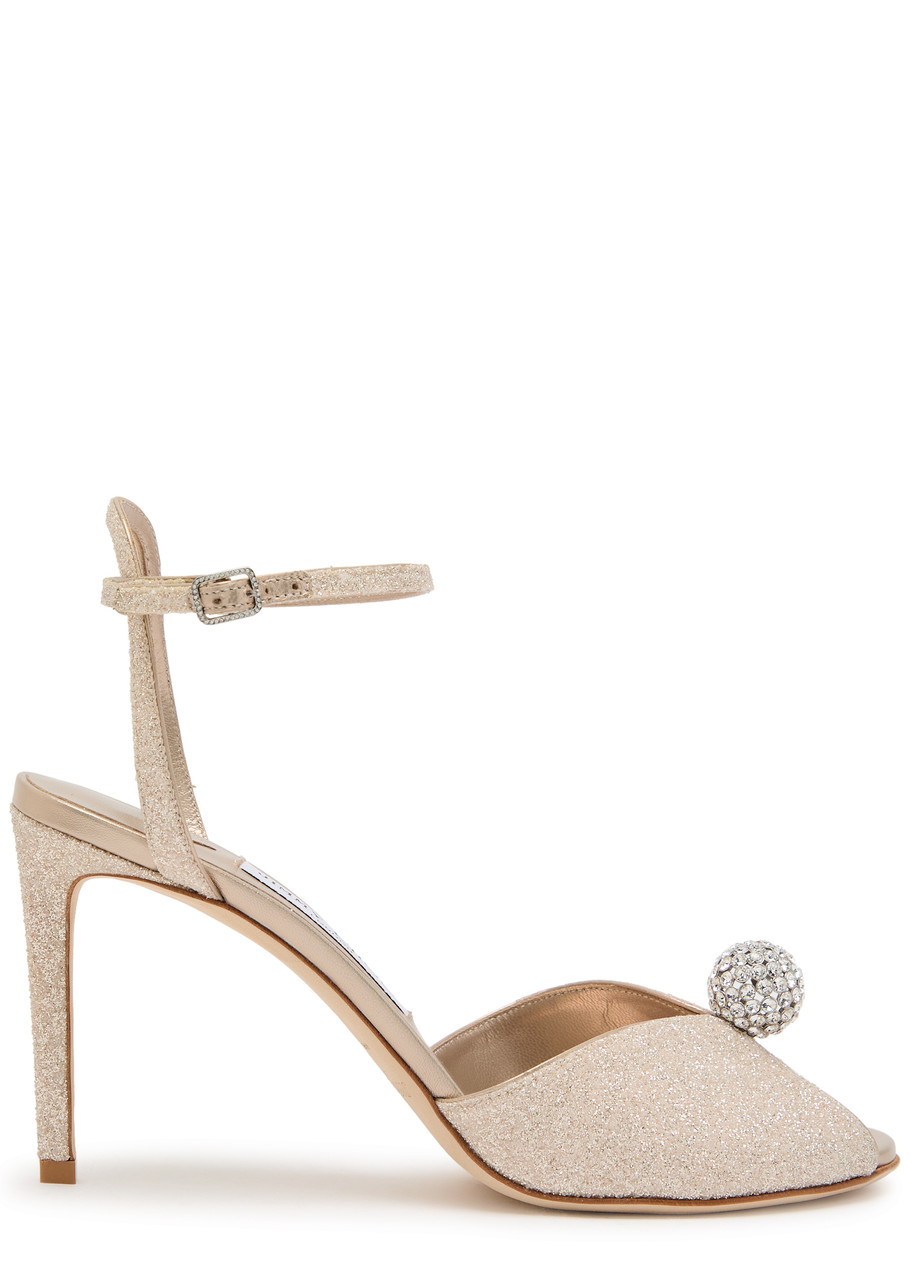 Jimmy Choo Sacora 85 Glitter Metallic Leather Sandals - Beige