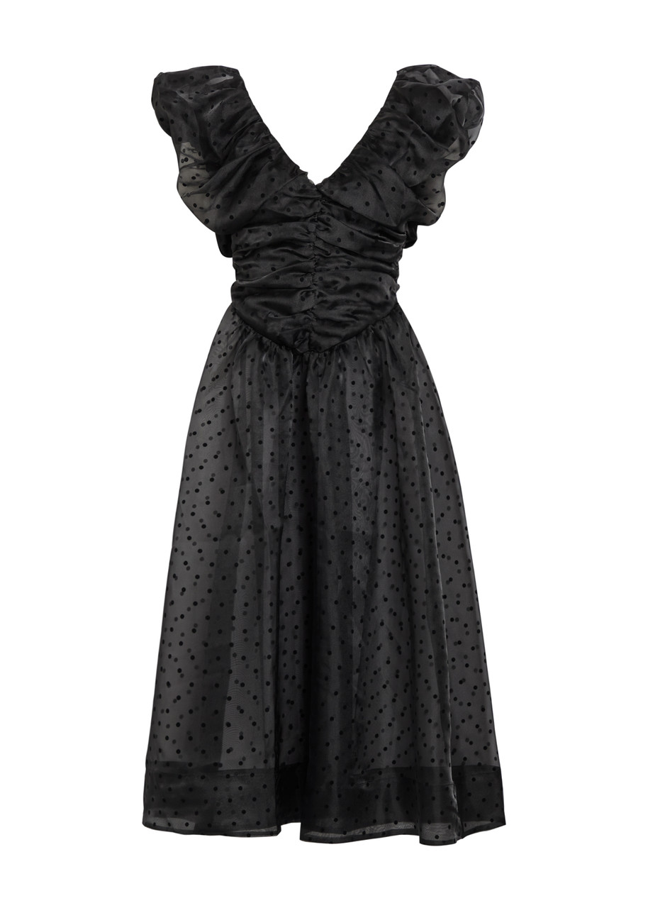Ganni Polka-dot Ruched Organza Midi Dress - Black - 38 (UK10 / S)