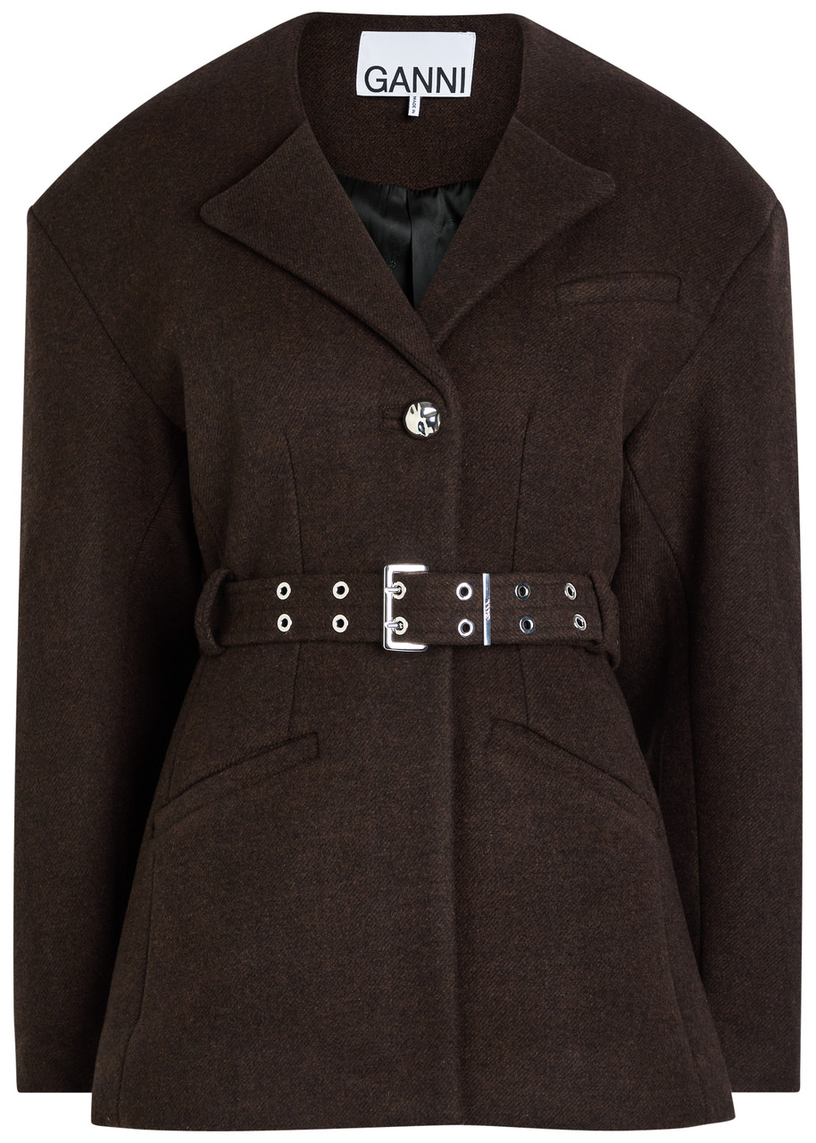 Ganni Belted Wool-blend Peacoat Jacket - Dark Brown - 38 (UK10 / S)