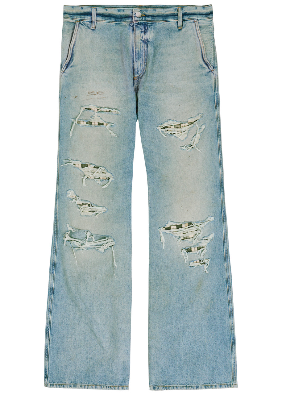 Amiri Checkered Repair Distressed Bootcut Jeans - Indigo - 34 (W34 / L)