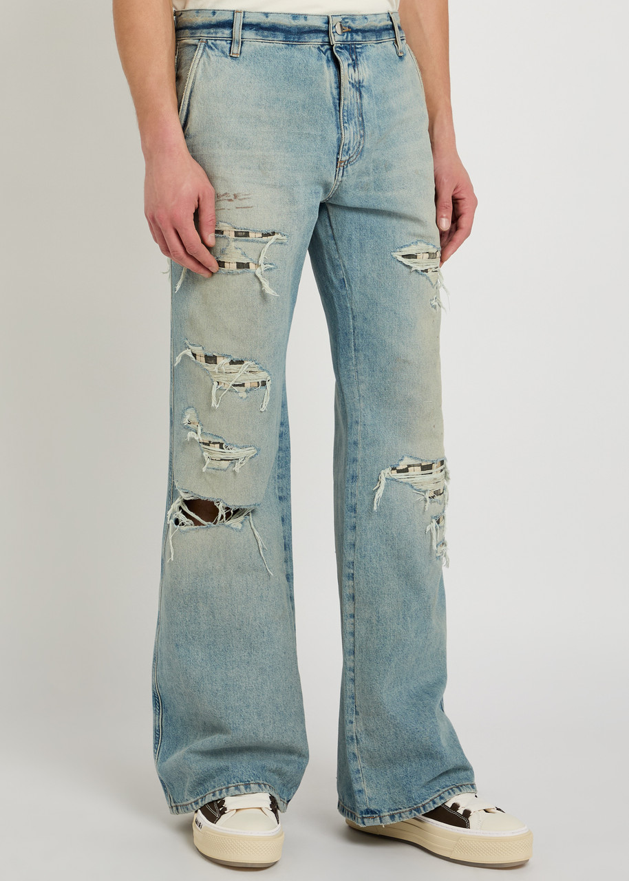  Amiri Checkered Repair Distressed Bootcut Jeans - Indigo - 32 (w32 / M) 