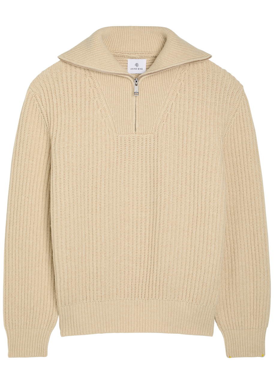 Anine Bing Sammy Ribbed Knit Jumper – Beige – M (UK12 / M)