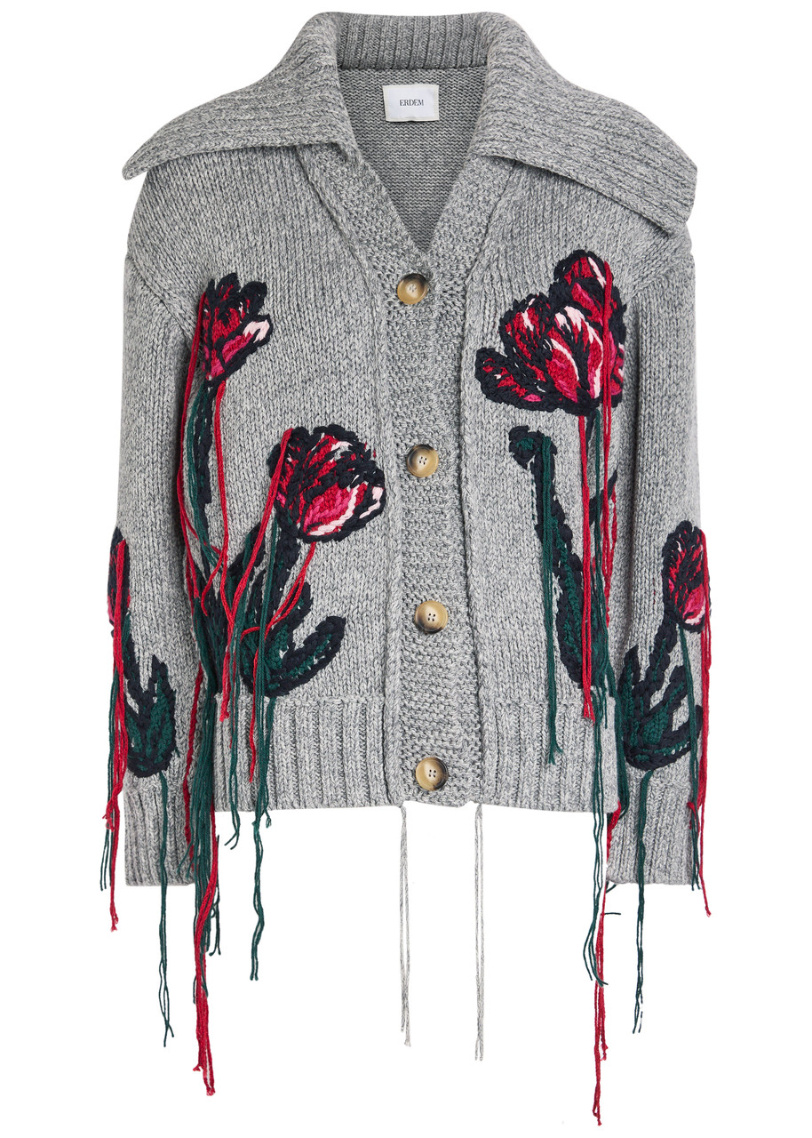 Erdem Embroidered Wool And Cotton-blend Cardigan In Gray