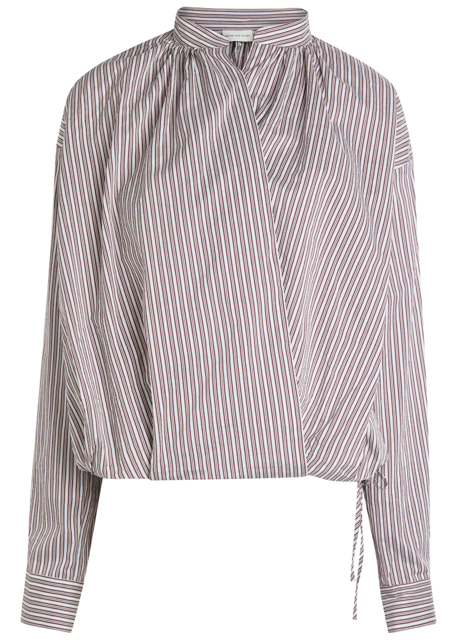 Dries Van Noten Cenver Striped Cotton-blend Wrap Blouse - Brown - 40 (UK12 / M)