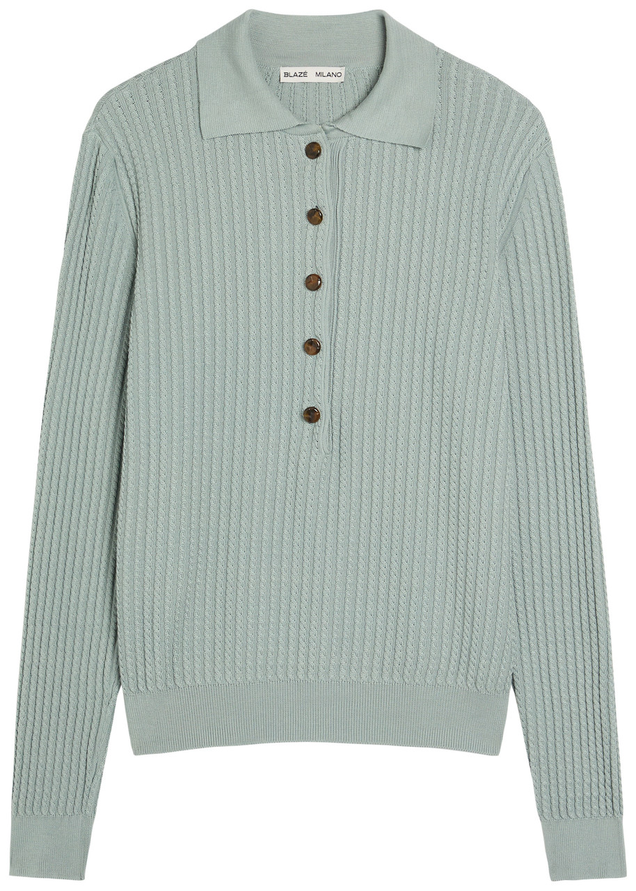Blazé Milano Blaze Milano Alegria Cable-knit Silk-blend Polo Top In Blue