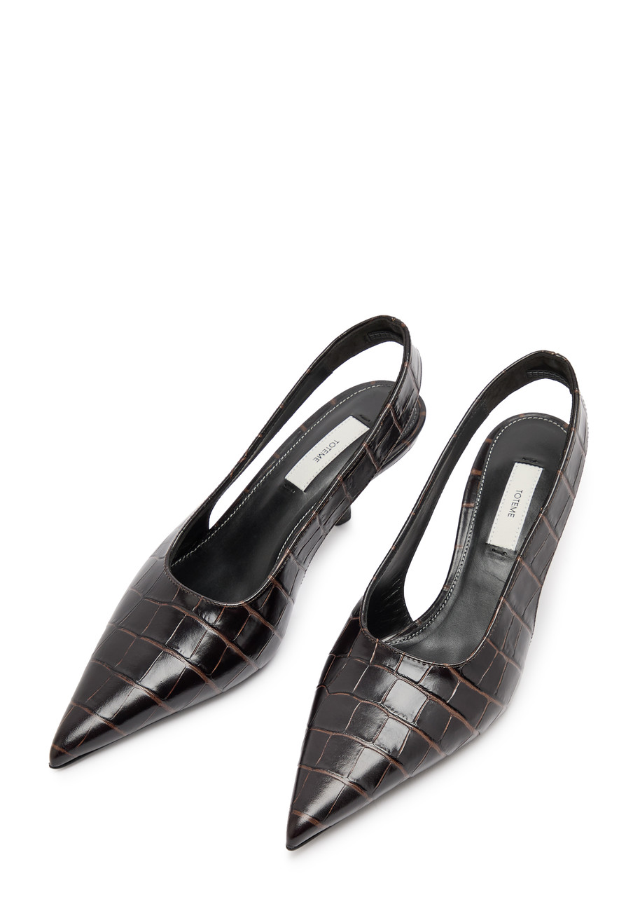  Toteme Classic Croco Embossed Leather Slingback Pumps - Brown 