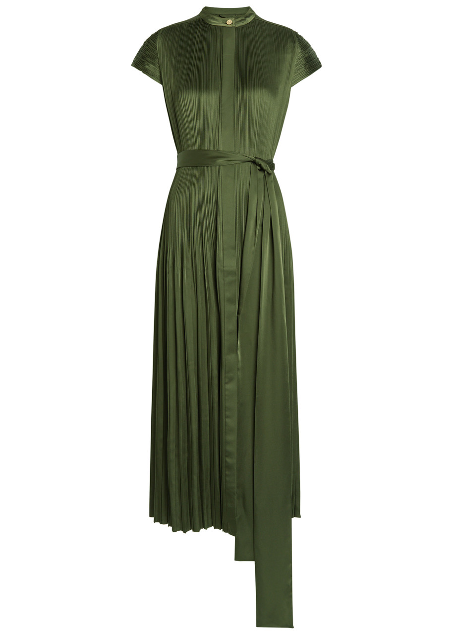 Joseph Phare Pliss Belted Satin Midi Dress - Dark Green - 38 (UK10 / S)