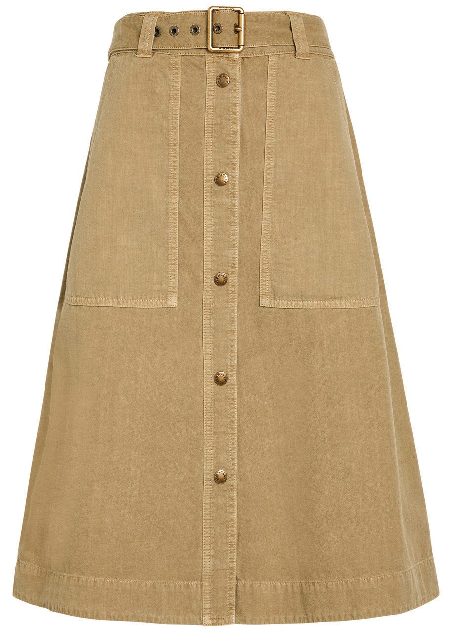 Moncler Belted Cotton-twill Midi Skirt In Sand