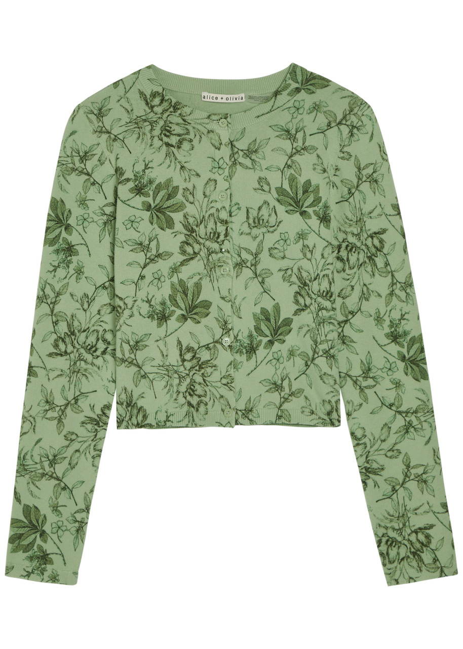 Alice And Olivia Alice + Olivia Carson Floral Cropped Cotton-blend Cardigan In Green