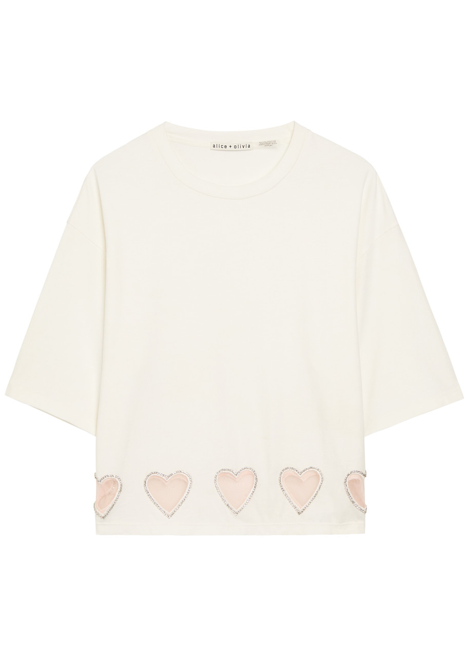 Alice + Olivia Evan Heart Embellished Cropped Cotton T-shirt - White - XS (UK6 / XS)