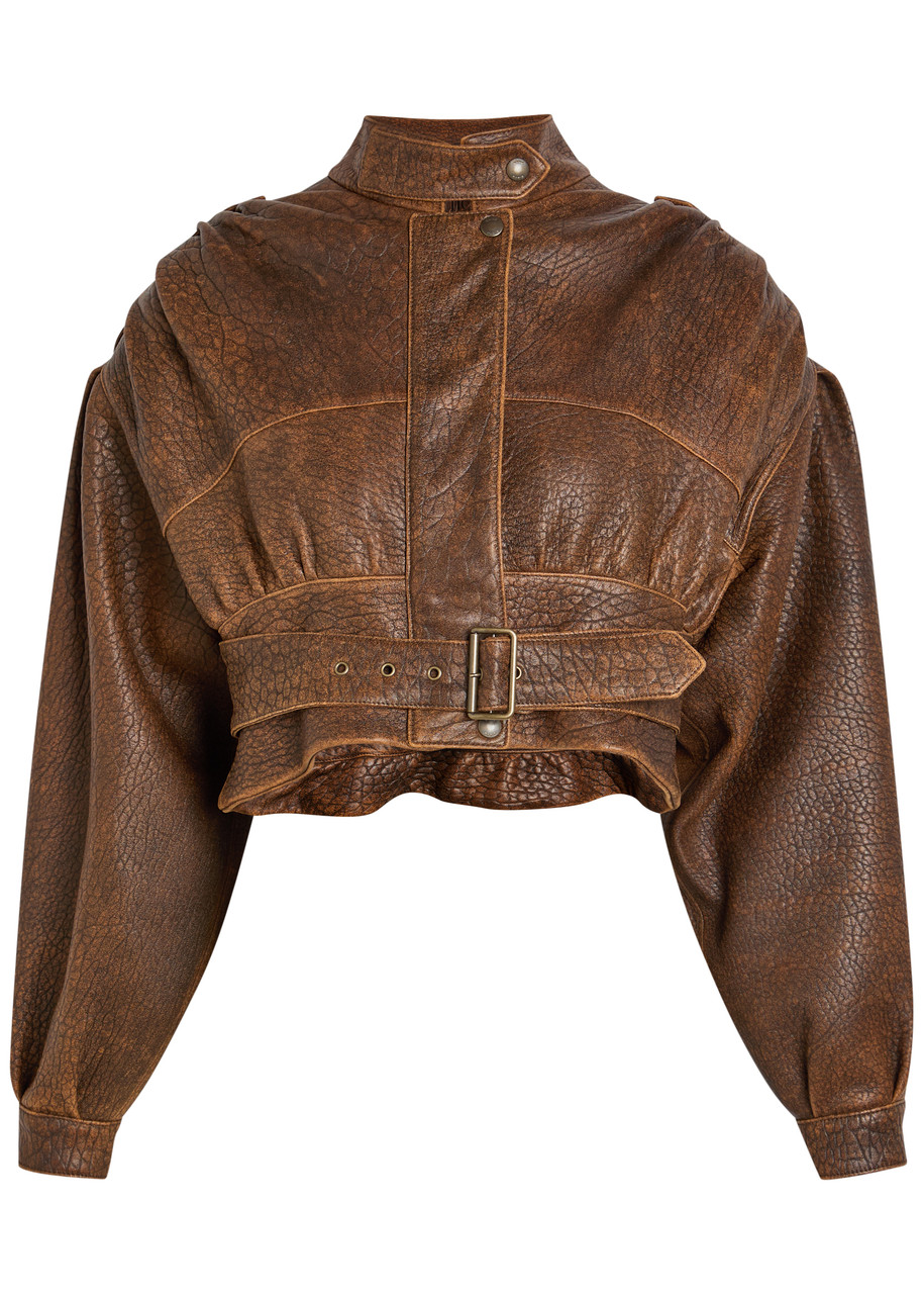 Chloe Belted Grained Leather Cropped Bomber Jacket - Brown - 38 (UK10 / S)