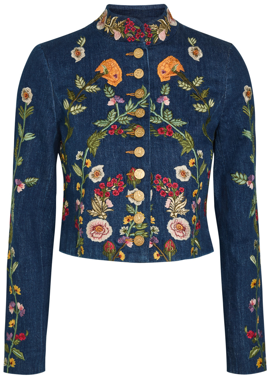 Alice And Olivia Alice + Olivia Emerson Floral-embroidered Stretch-denim Jacket In Blue