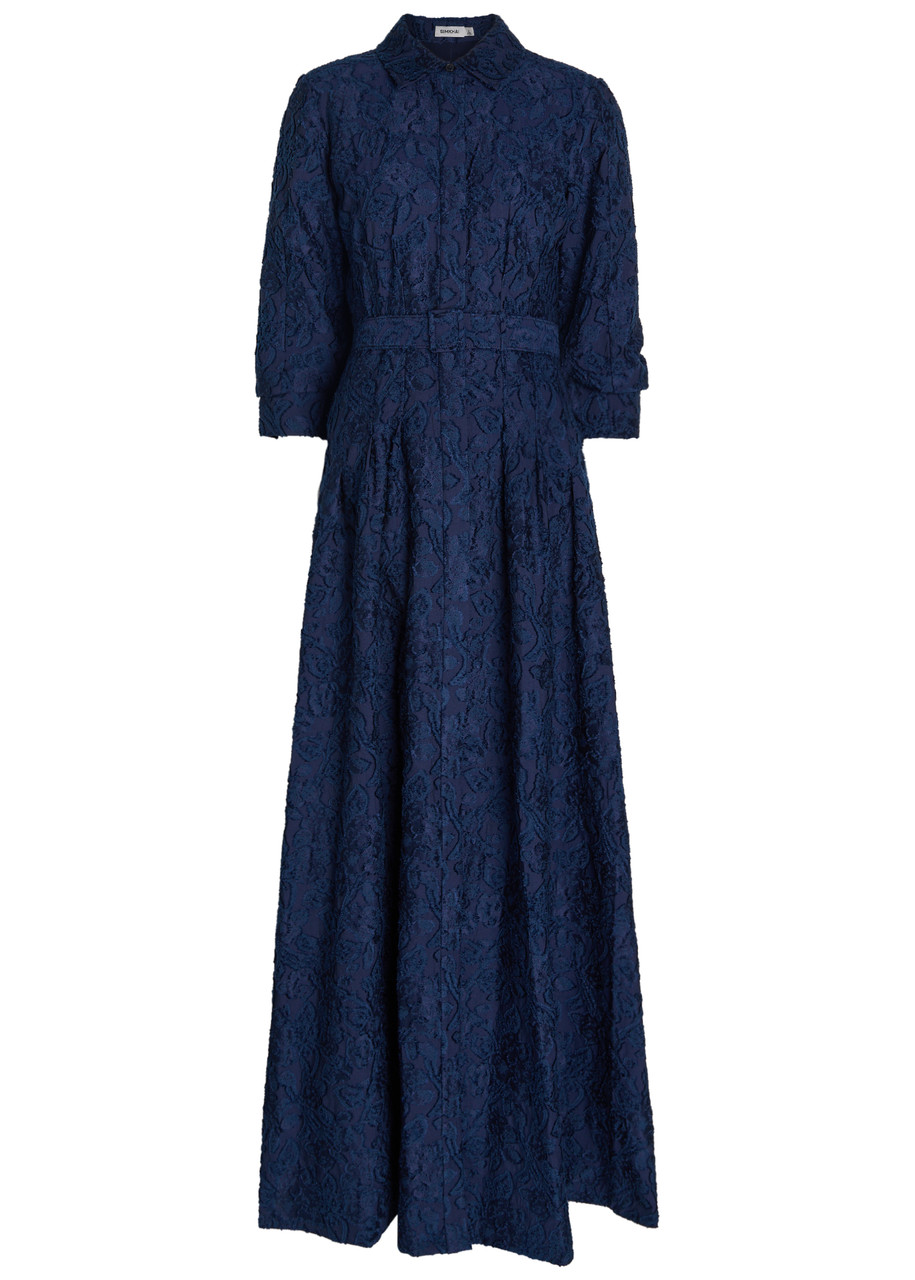 Simkhai Courtney Floral-jacquard Belted Cotton-blend Gown - Navy - 2 (UK6 / XS)