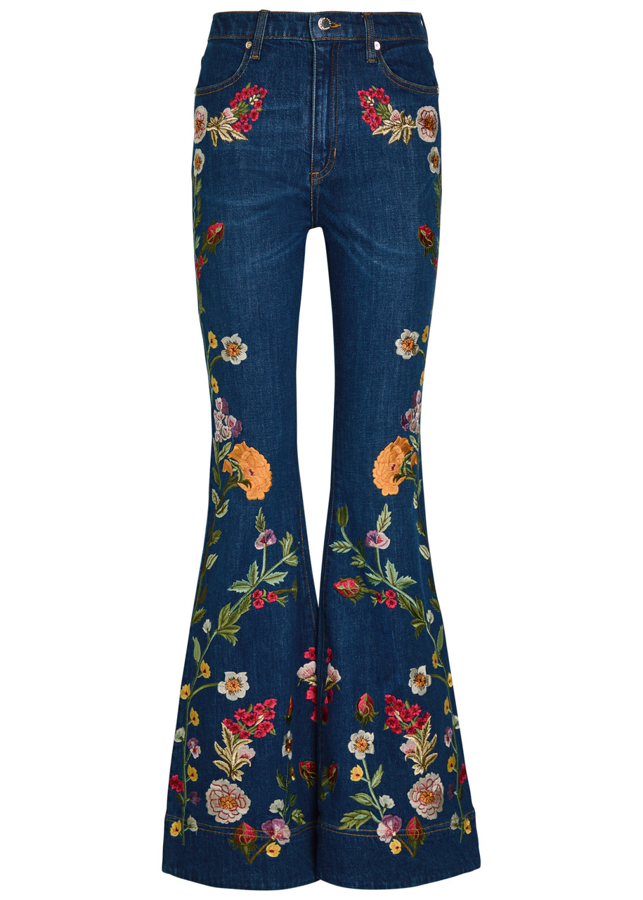 Alice + Olivia Beautiful Floral-embroidered Bell-bottom Jeans - Blue - 26 (W26 / UK8 / S)