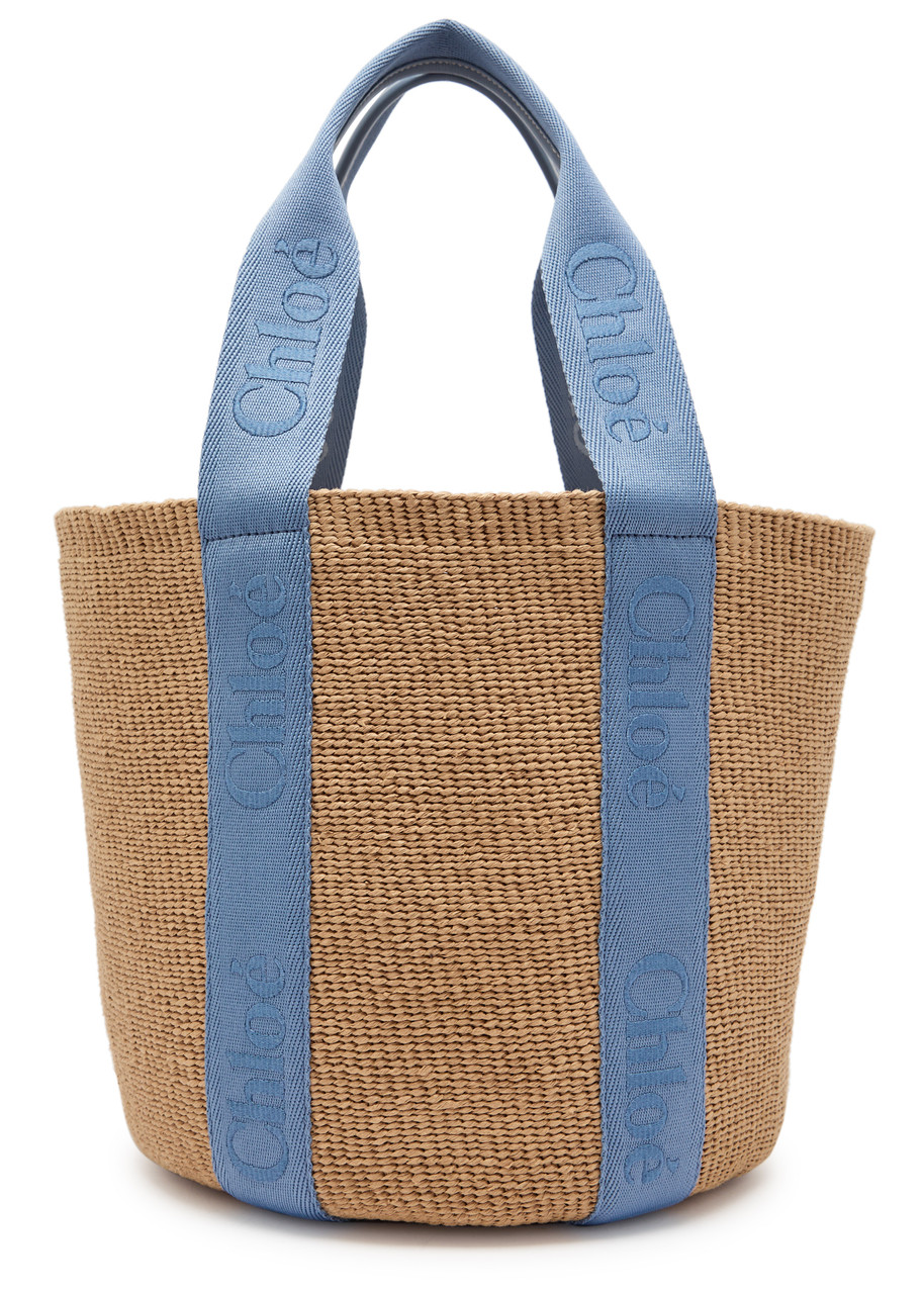Chloe Woody Logo-embroidered Raffia Basket bag - Blue