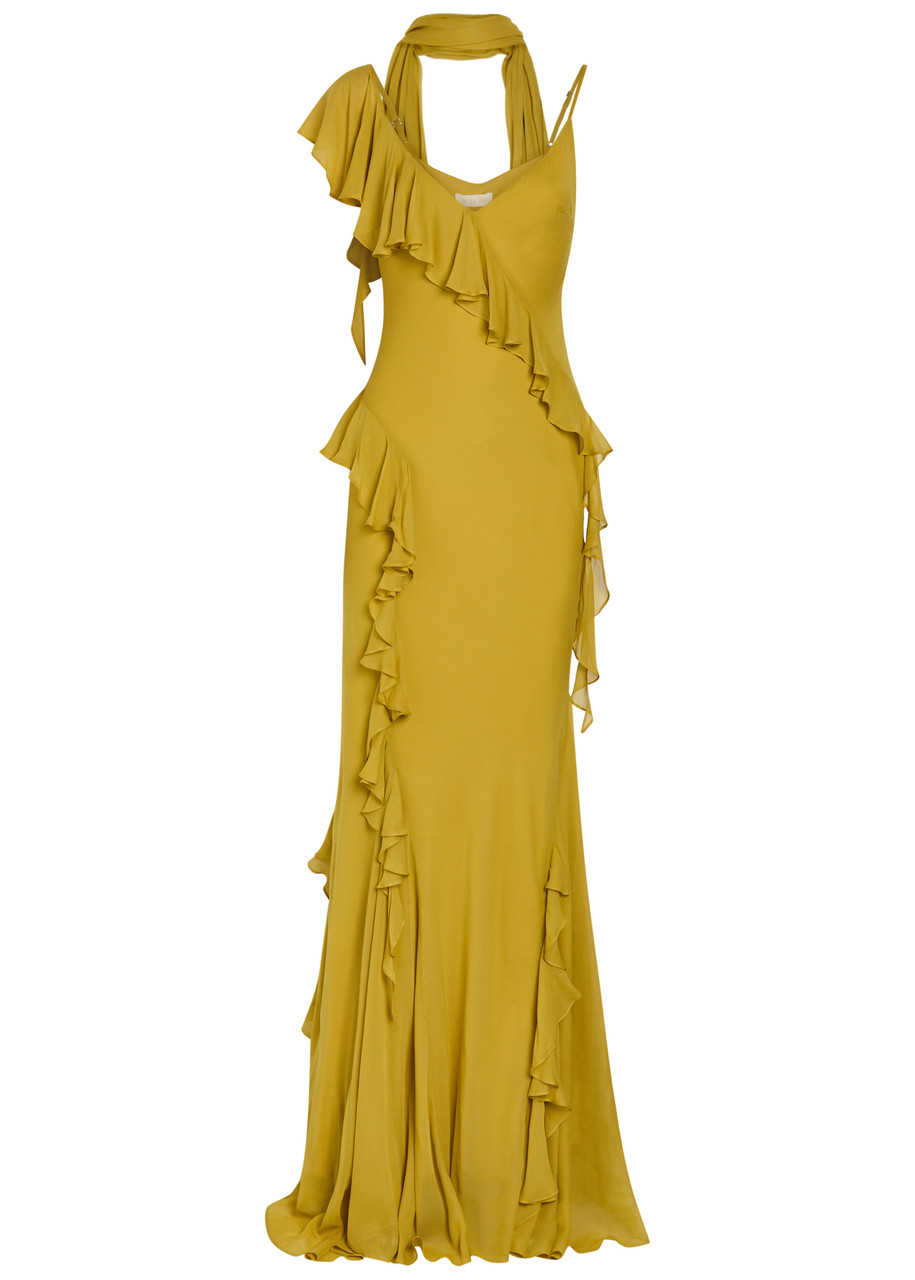 DE LA Vali Mayara Scar-effect Ruffled Chiffon Gown - Yellow - 14 (UK14 / L)