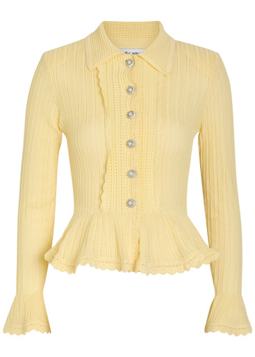SELF-PORTRAIT Peplum pointelle-knit cardigan | Harvey Nichols