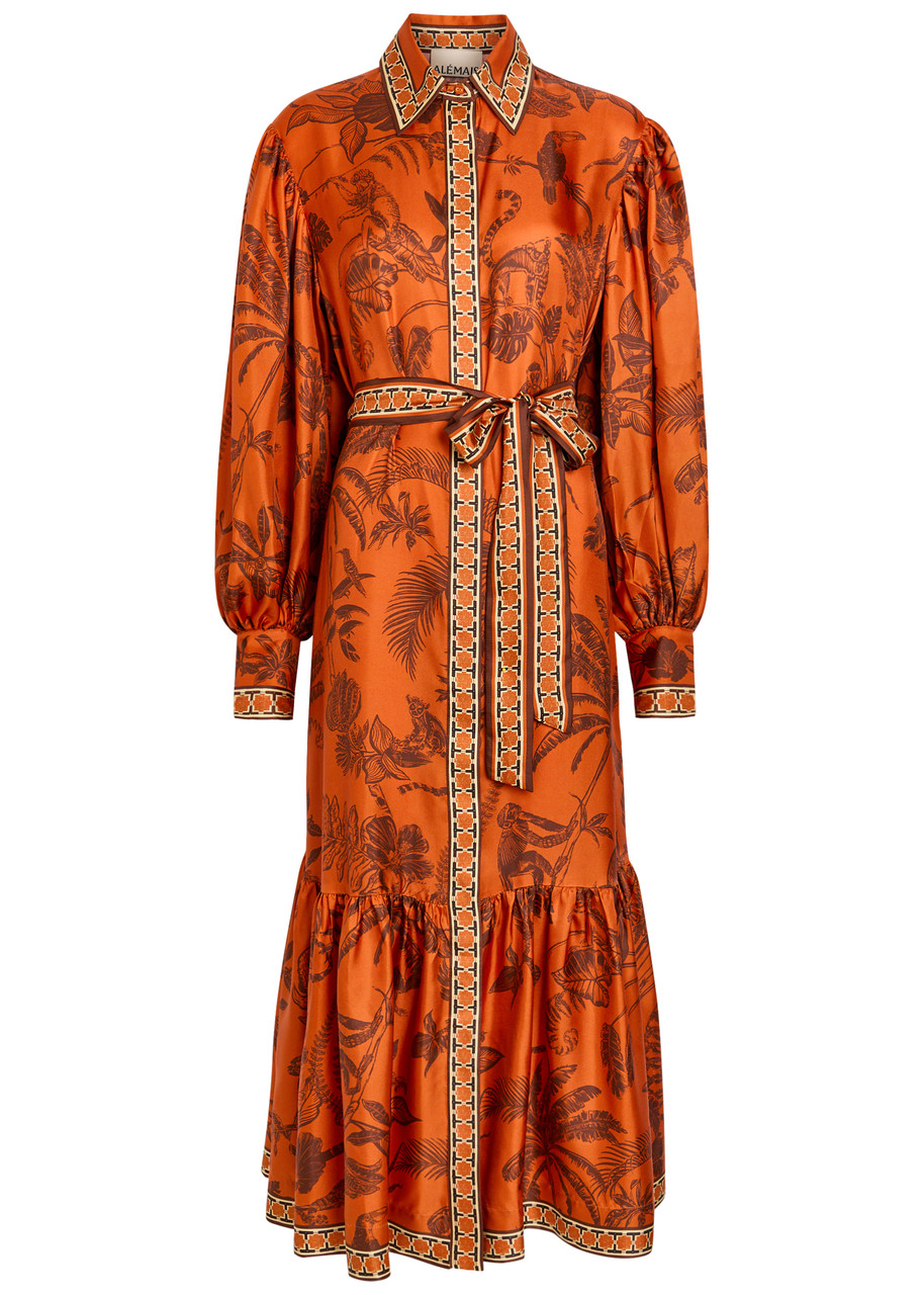 Alemais Monkey Dance Printed Silk Midi Shirt Dress - Rust - 10 (UK10 / S)