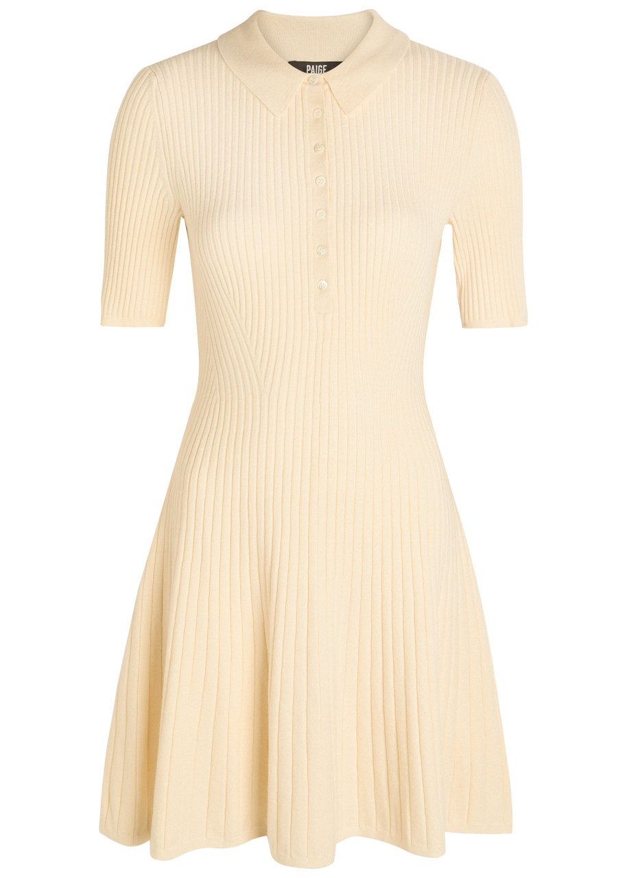 Paige Olie Ribbed Knit Mini Polo Dress - Beige - M (UK12 / M)