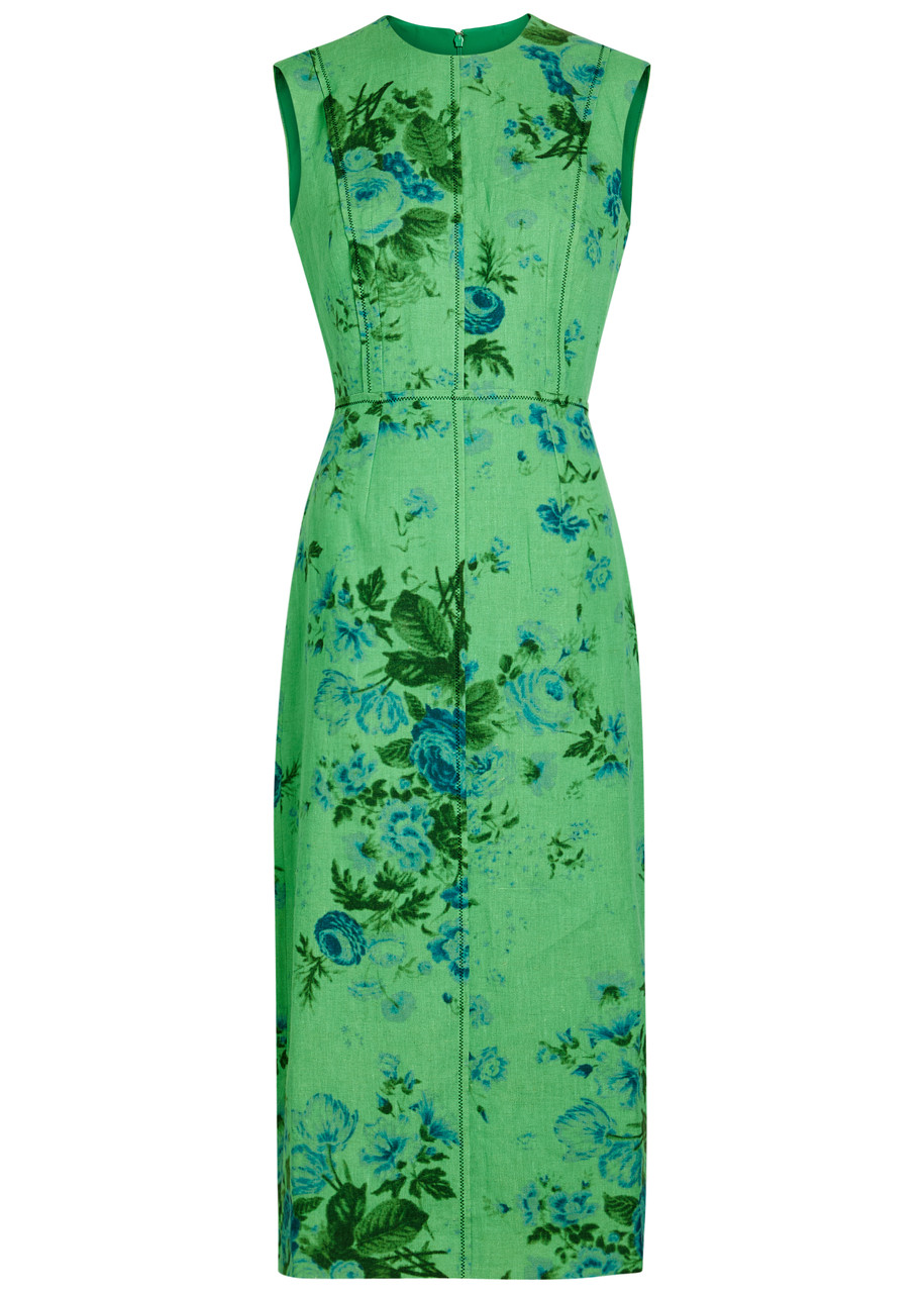 Erdem Floral Print Linen Midi Dress In Green