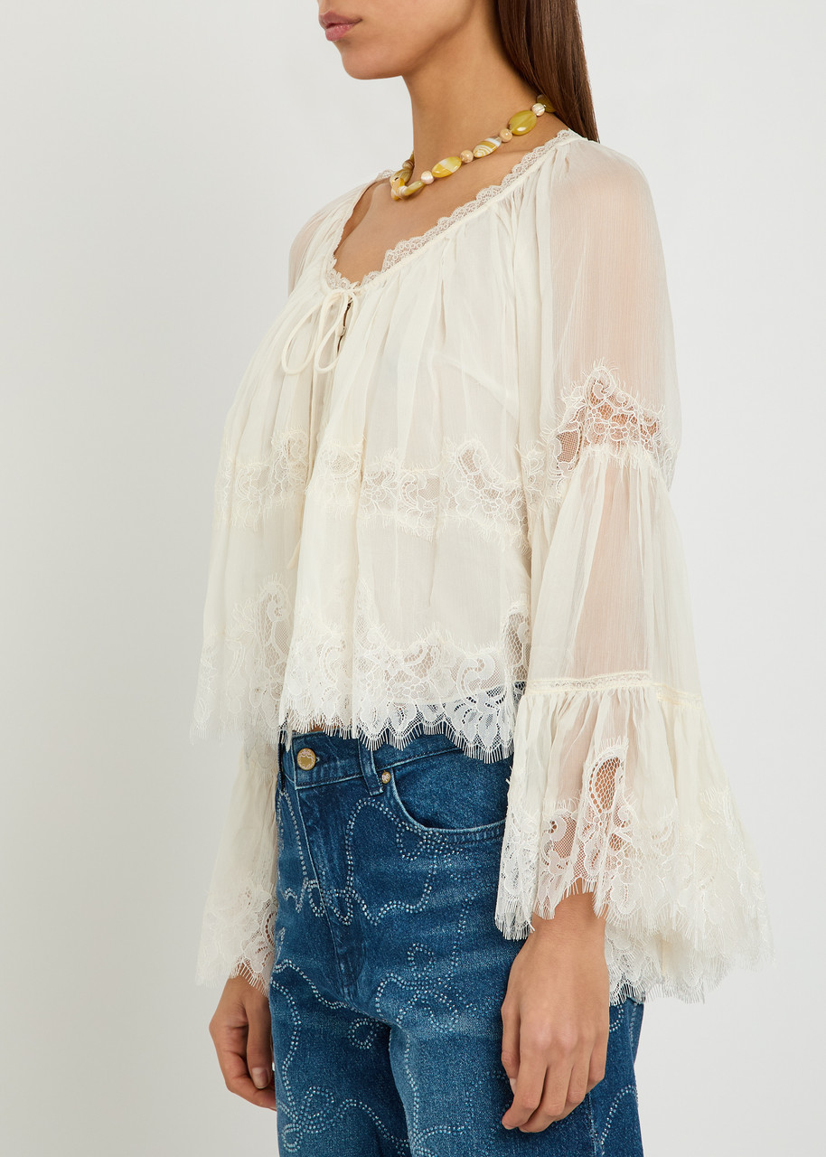  Loveshackfancy Darline Lace And Silk-chiffon Top - Ivory - L (uk14 / L) 