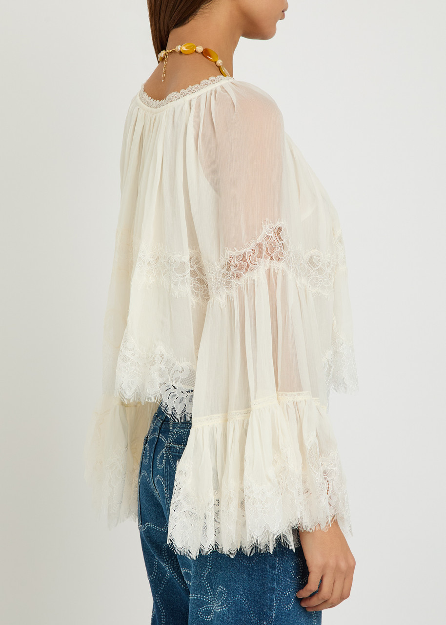  Loveshackfancy Darline Lace And Silk-chiffon Top - Ivory - L (uk14 / L) 