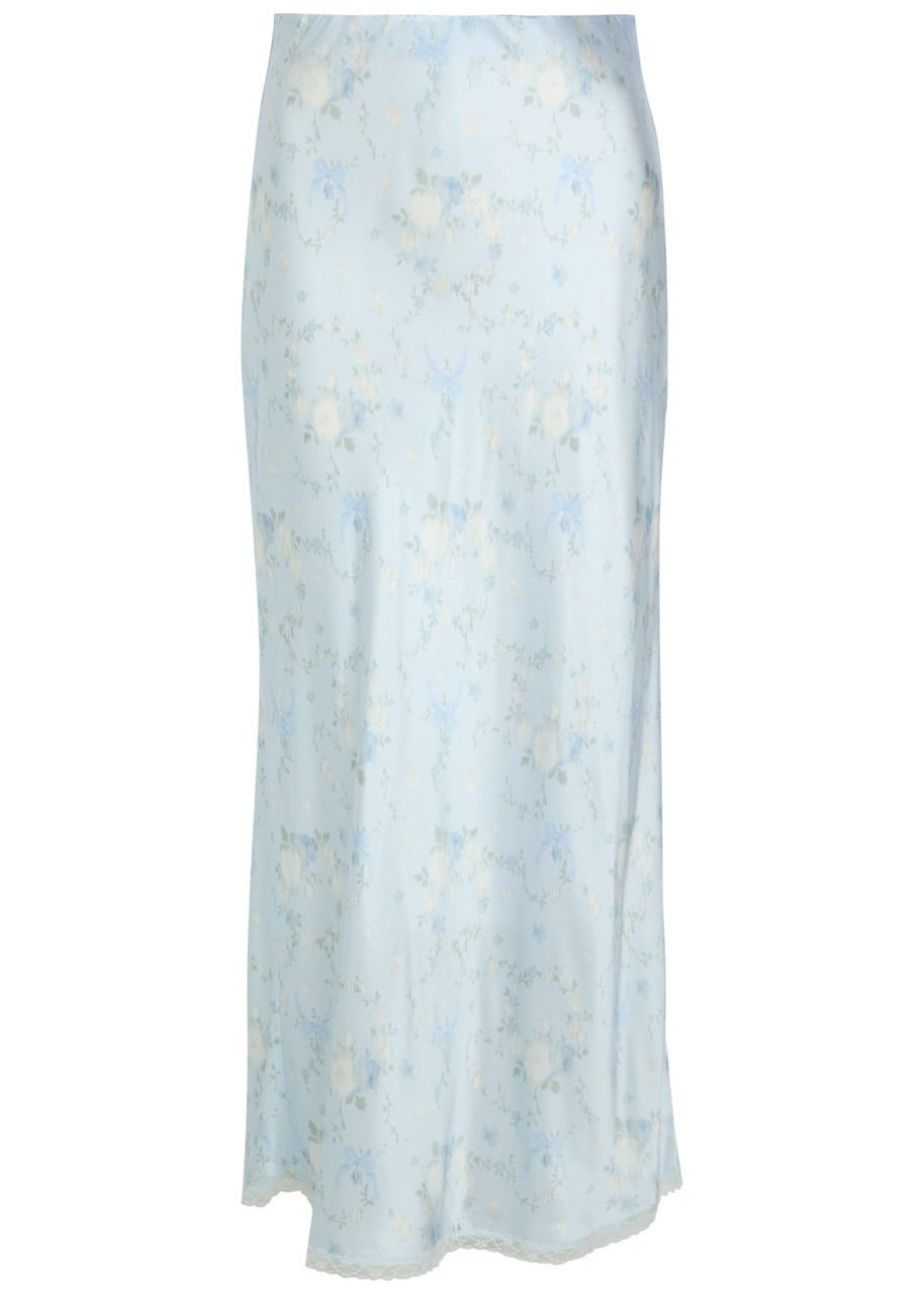 Loveshackfancy Kalo Floral-print Silk Midi Slip Skirt - Light Blue - S (UK8-10 / S)