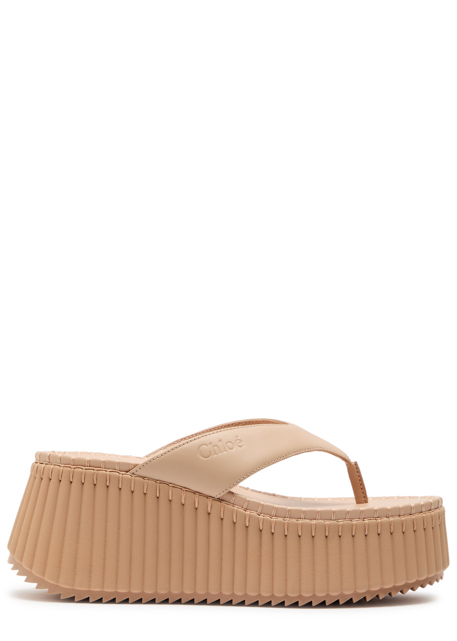 Chloe Nama 80 Thong Leather Wedge Sandals - Cream - 41 (IT41 / UK8)
