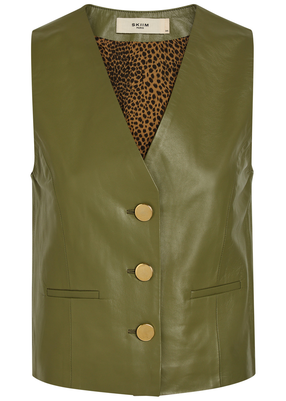 Skiim V-neck Leather Waistcoat - Green - 38 (UK10 / S)