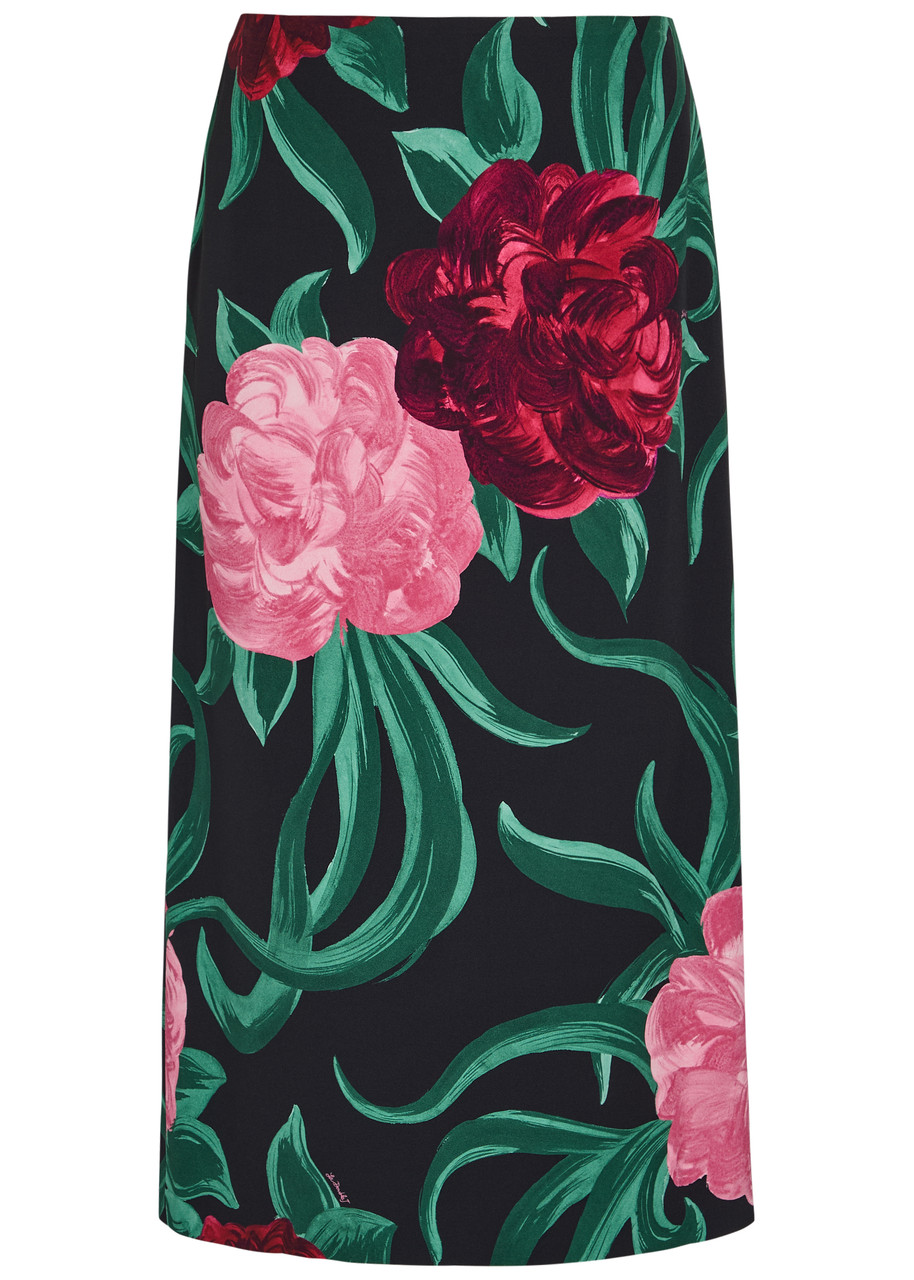 LA Double J Floral-print Crepe Midi Pencil Skirt - Black - S (UK8-10 / S)