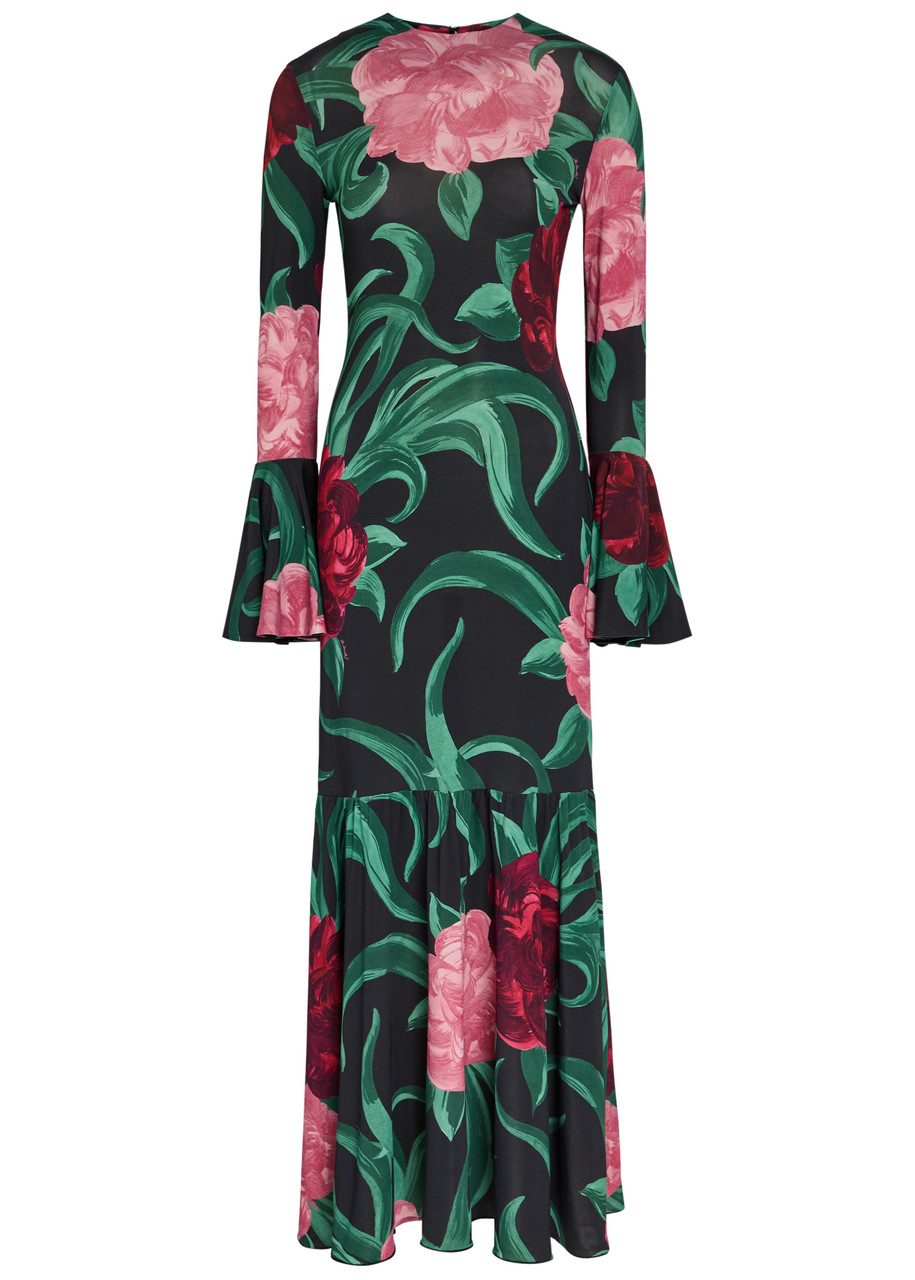 LA Double J Alba Floral-print Stretch-jersey Maxi Dress - Black - S (UK8-10 / S)