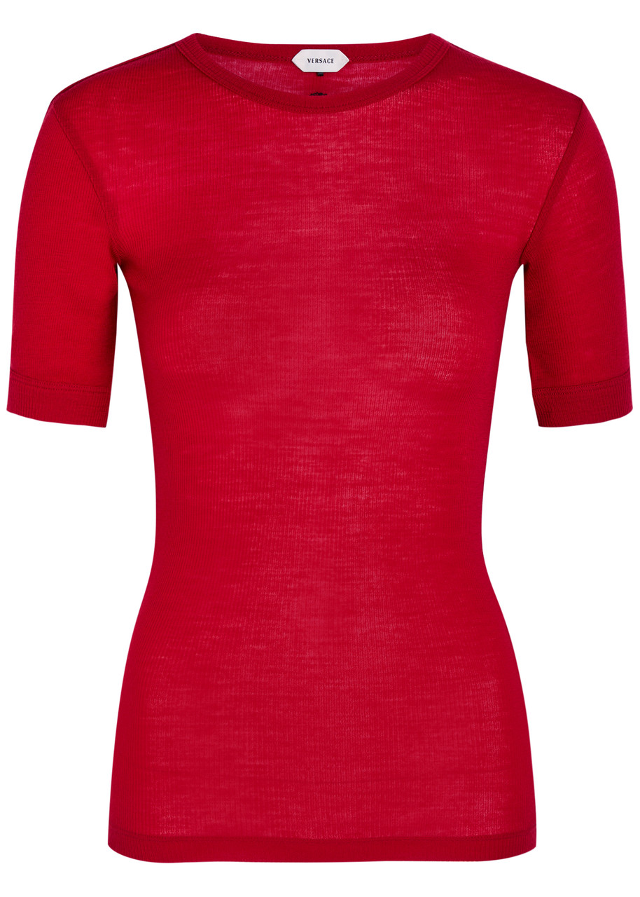 Versace Ribbed Logo-embroidered Wool T-shirt - Red - 46 (UK14 / L)
