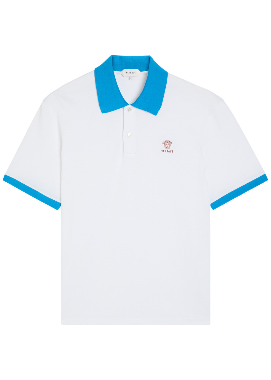 Versace Logo-embroidered Piqué Cotton Polo Shirt - White And Blue - XL