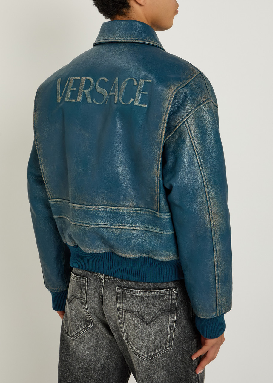  Versace Logo-embossed Distressed Leather Jacket - Blue - 48 (it48 / M) 