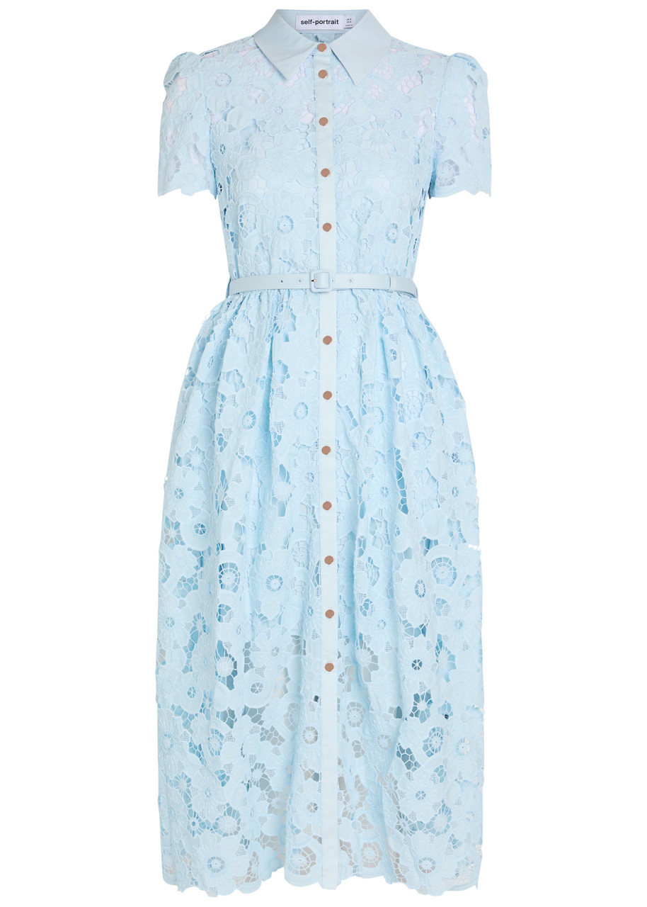 Self-portrait Belted Guipure-lace Midi Shirt Dress - Blue - 14 (UK14 / L)
