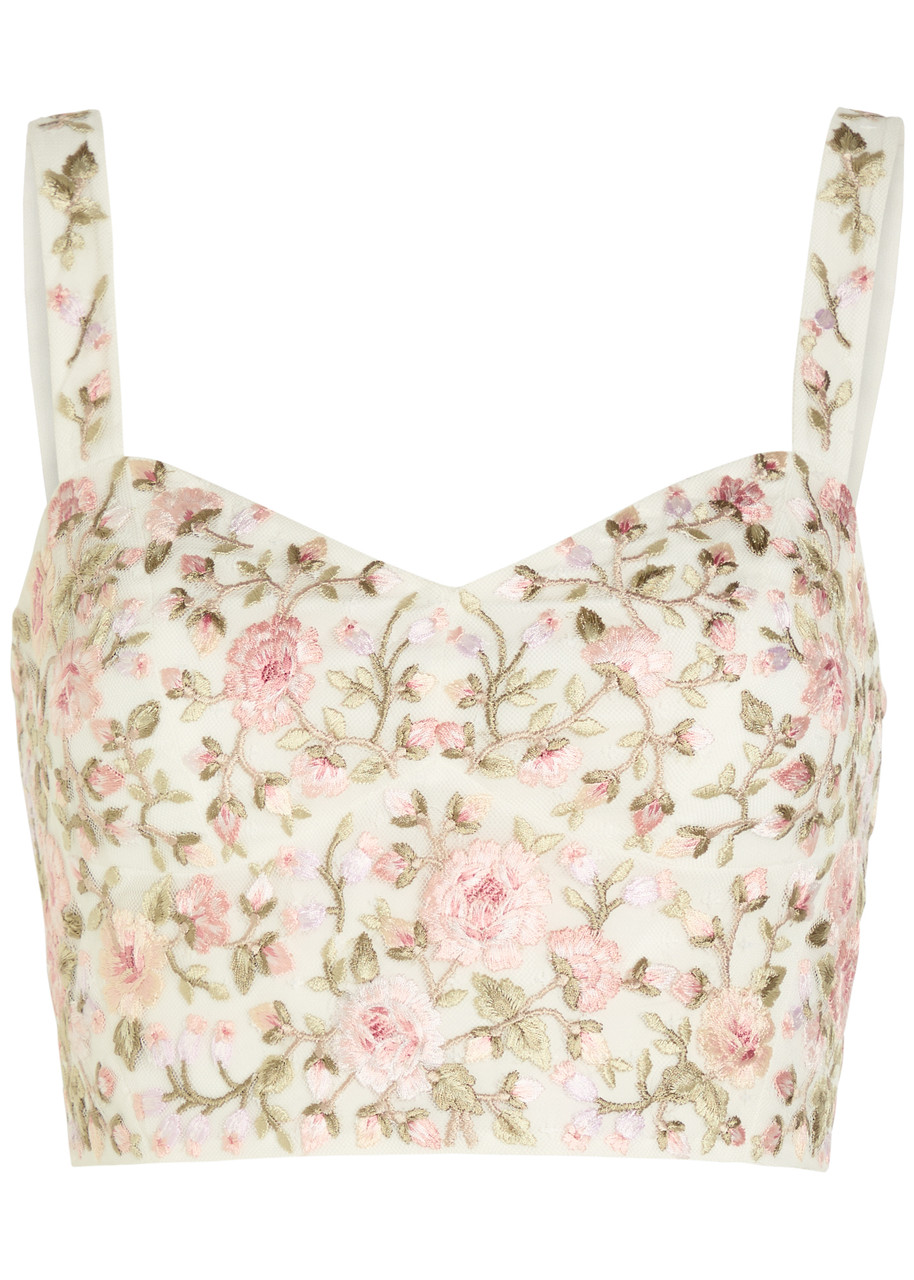 Needle & Thread Eden Rose Floral-embroidered Tulle Crop top – White – 6 (UK6 / XS)